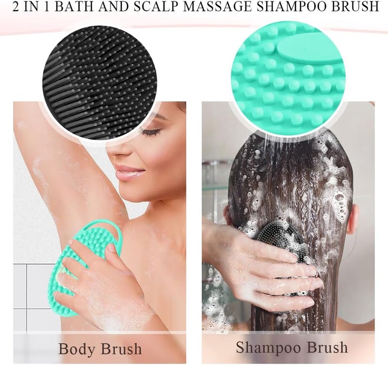 KQNBI Silicone Body Scrubber 2 Pack - 2 in 1 Exfoliating Loofah With Handle for Shower - Bath Scrub and Scalp Massager Shampoo Brush - Image 4