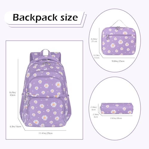 goldwheat Daisy Printed Backpacks With Lunch Pack Pencil Case 3pcs Lightweight Waterproof Bookbag For Middle School - Image 3