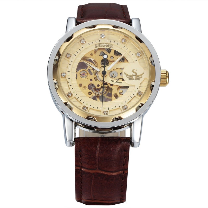 SEWOR Mechanical Skeleton Stainless Steel Men's Watch - Business Style, 35mm Dial, Butterfly Clasp - Two-tone gold dial - Image 1