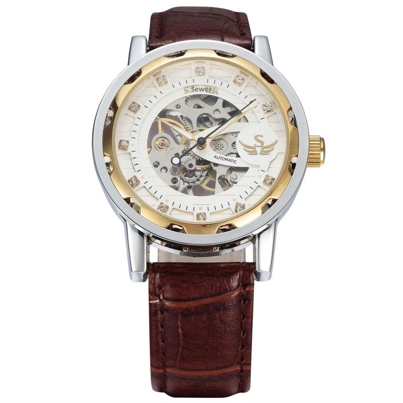 SEWOR Mechanical Skeleton Stainless Steel Men's Watch - Business Style, 35mm Dial, Butterfly Clasp - Two-tone gold dial - Image 4