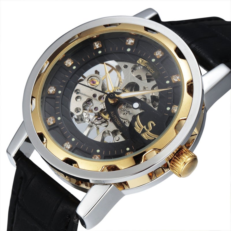 SEWOR Mechanical Skeleton Stainless Steel Men's Watch - Business Style, 35mm Dial, Butterfly Clasp - Two-tone gold dial - Image 3