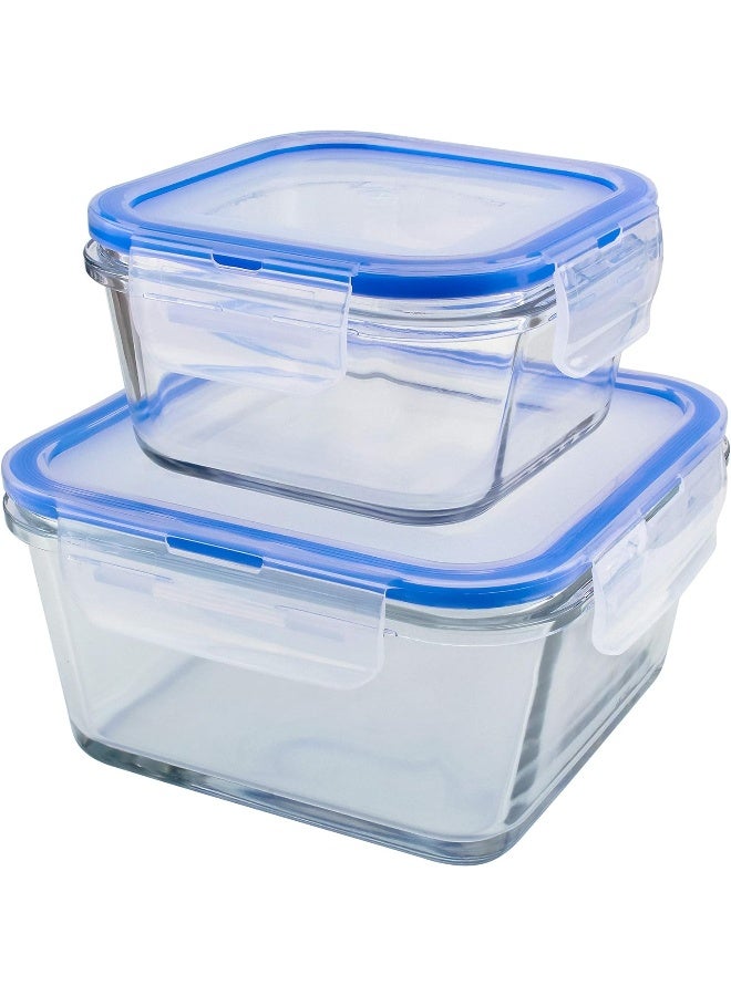 Mondex عبوة تخزين طعام زجاجية مربعة 400 مل و 903 مل مع غطاء أزرق - Image 1