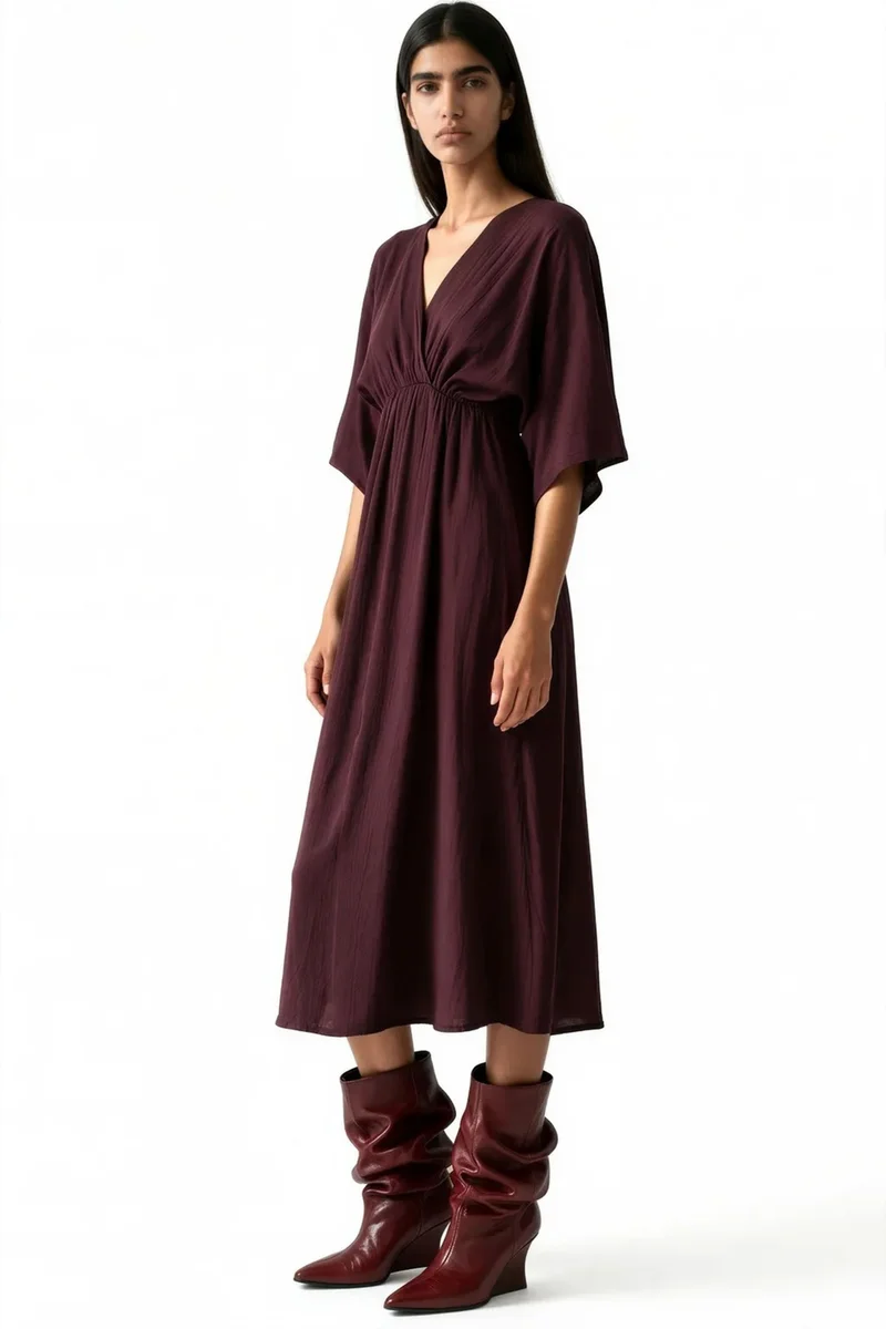 بوسيم BUSEM V-Neck Midi Wrap Dress with Three Quarter Sleeves