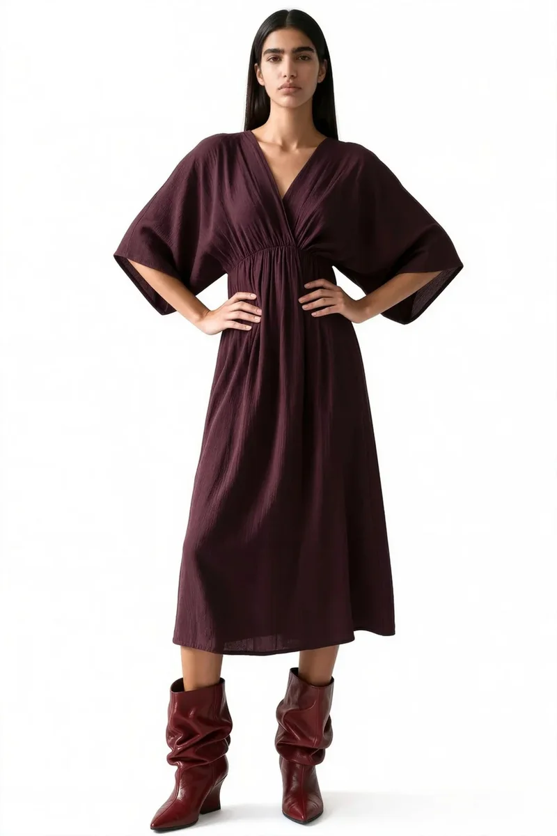 BUSEM V-Neck Midi Wrap Dress with Three Quarter Sleeves