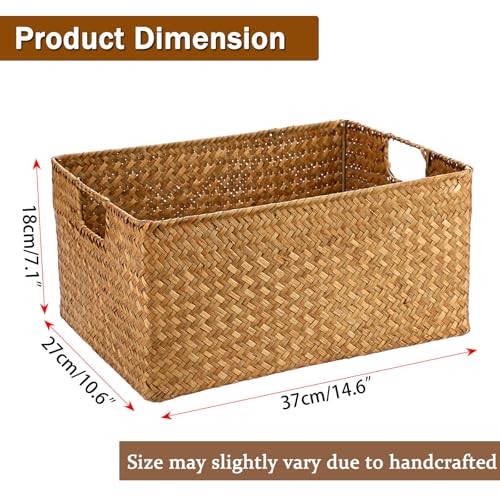 Hipiwe Seagrass Storage Baskets Bin for Shelf Handwoven Wicker Baskets Builtin Handles Rectangular Closet Bedroom Organizer Box Multipurpose Woven Basket Bins146x 106x 71 - Image 3