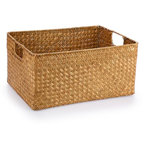 Hipiwe Seagrass Storage Baskets Bin for Shelf Handwoven Wicker Baskets Builtin Handles Rectangular Closet Bedroom Organizer Box Multipurpose Woven Basket Bins146x 106x 71 - Image 1