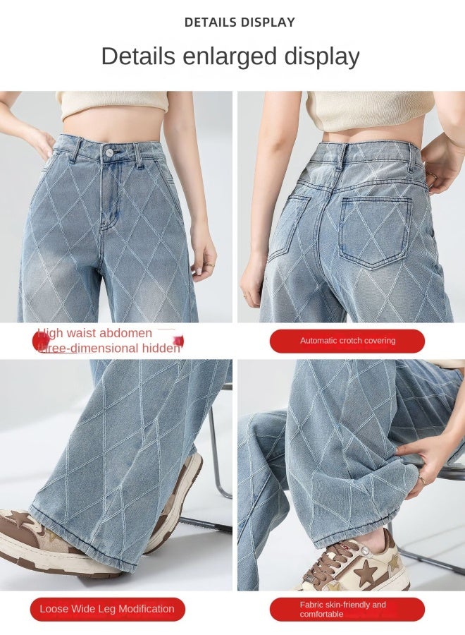 هابي بنطال الجينز النسائي الواسع ذو اللون الحنيني لفصل الصيف، خفيف الوزن، جديد، عالي الخصر، نحيل، متدلي، فضفاض، مستقيم - Image 2