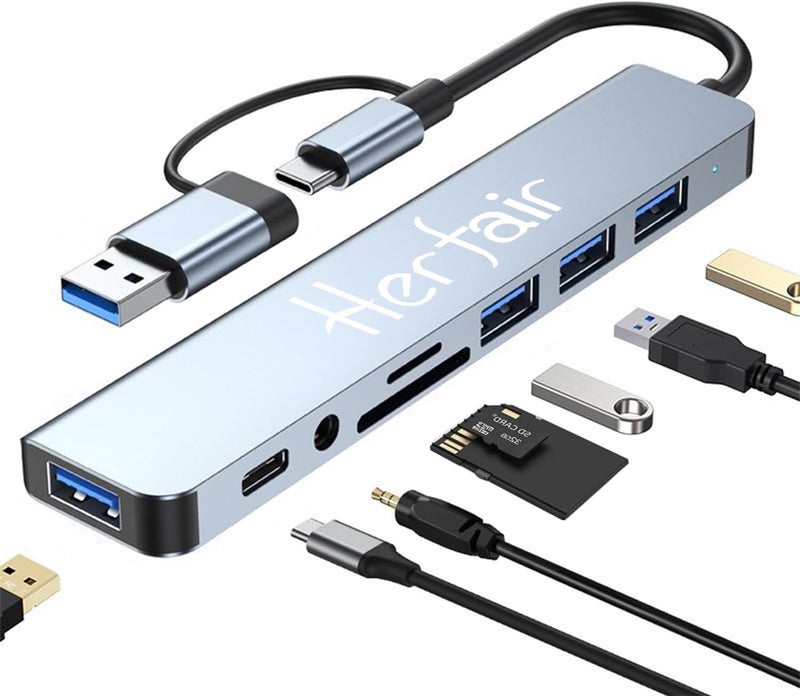 Herfair USB Hub 3.0 USB C Hub with SD Card Reader Audio Jack 8 in 1 USB Extender Splitter Multiport Dongle Adapter for MacBook Pro Air and More PC/Laptop/Tablet Devices - Image 1