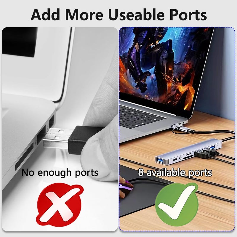 Herfair USB Hub 3.0 USB C Hub with SD Card Reader Audio Jack 8 in 1 USB Extender Splitter Multiport Dongle Adapter for MacBook Pro Air and More PC/Laptop/Tablet Devices - Image 3