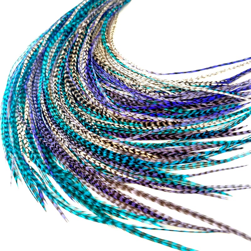 21 Purple White  Turquoise Grizzly Hair Extensions  914 Long  DIY Rooster Kit with 20 MicroLink Beads  100 Real Feathers  EyeCatching Boho Style