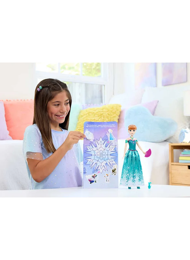 Disney Frozen Anna Fashion Doll Set, Spin & Reveal with 11 Surprises Including 5 Accessories, 5 Stickers & Play Scene, Inspired by Disney Movie