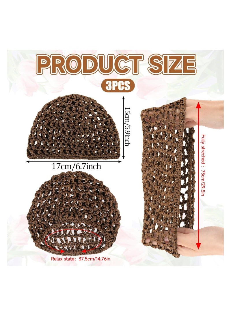 3PCS Crochet Net Cap for Hair, Soft Mesh Knit Hair Wrap Sleep Cap, Reusable Nylon Wrap Cap for Women Hair (Brown) - Image 2