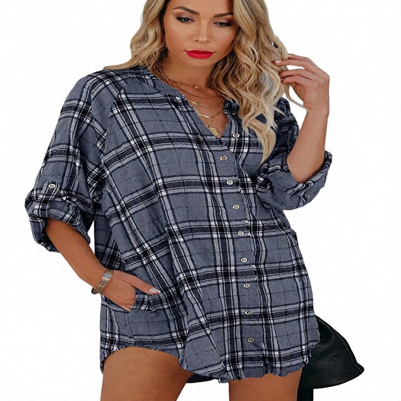 Vintage Button V-Neck Plaid Print Long Sleeve Shirt Dress - Image 1