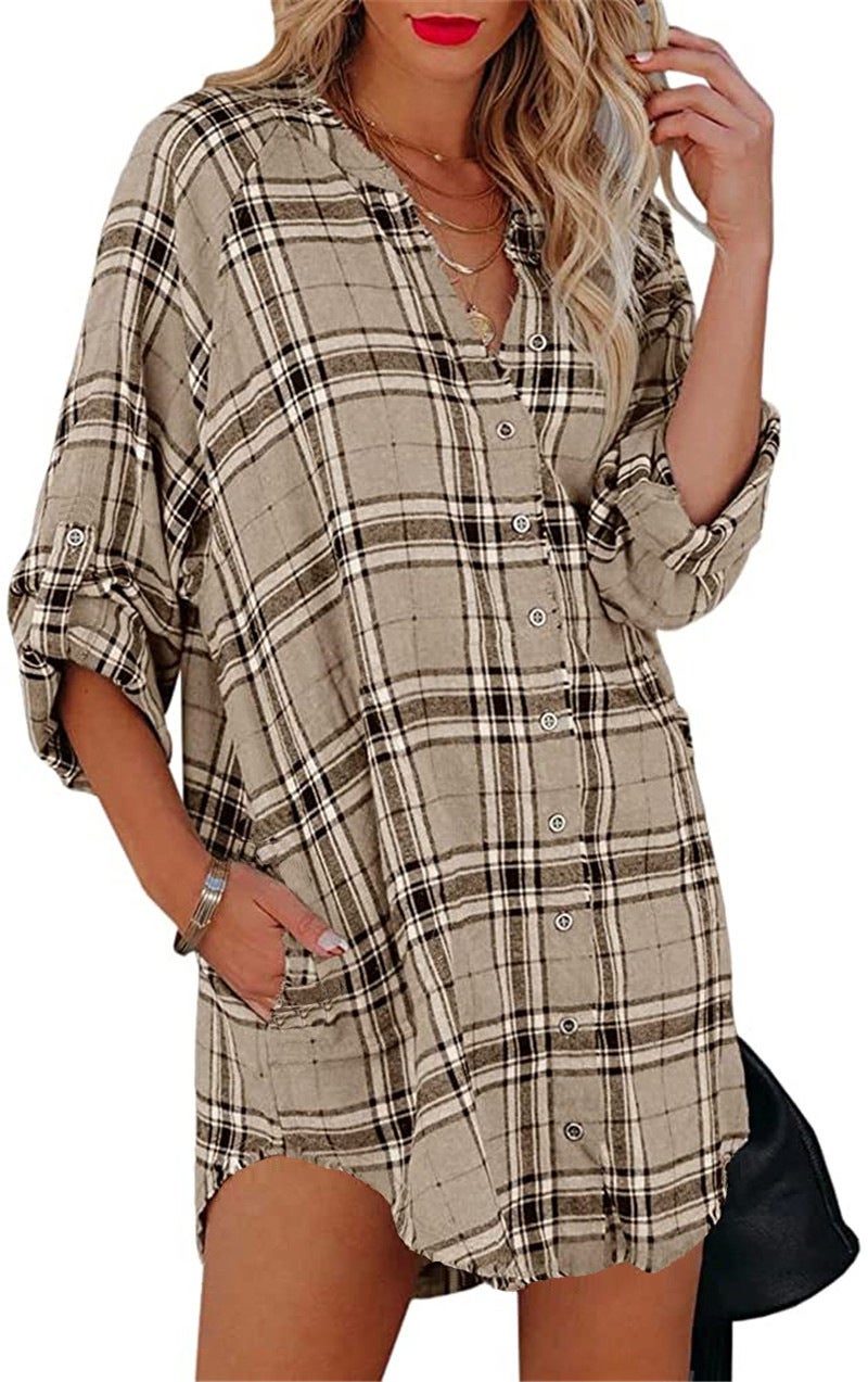 Vintage Button V-Neck Plaid Print Long Sleeve Shirt Dress - Image 2