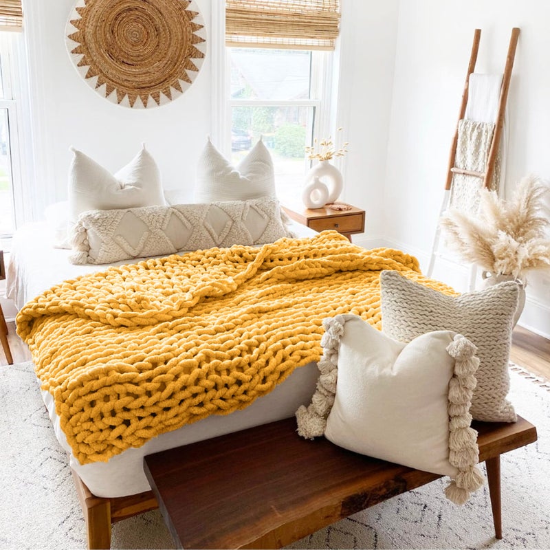 Adyrescia Chunky Knit Blanket Throw | 100% Hand Knit with Jumbo Chenille Yarn (60""x80""  Harvest Yellow) - Image 2