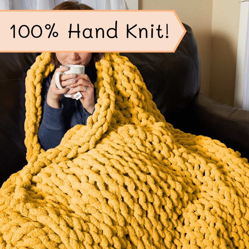 Adyrescia Chunky Knit Blanket Throw | 100% Hand Knit with Jumbo Chenille Yarn (60""x80""  Harvest Yellow) - Image 3