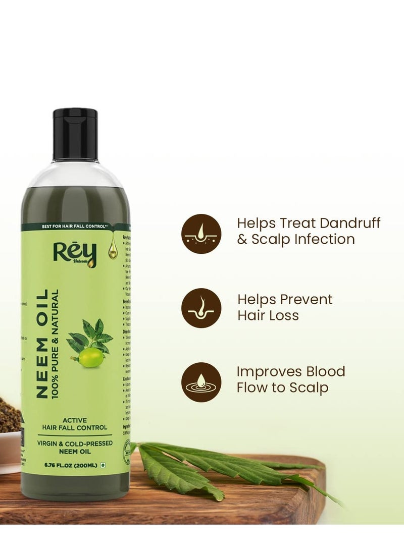 Rey - Rey Naturals Neem Oil 100% Pure Natural Cold Pressed for Dandruff Relief Scalp Infection Healthy Hair Growth 200Ml - Image 1