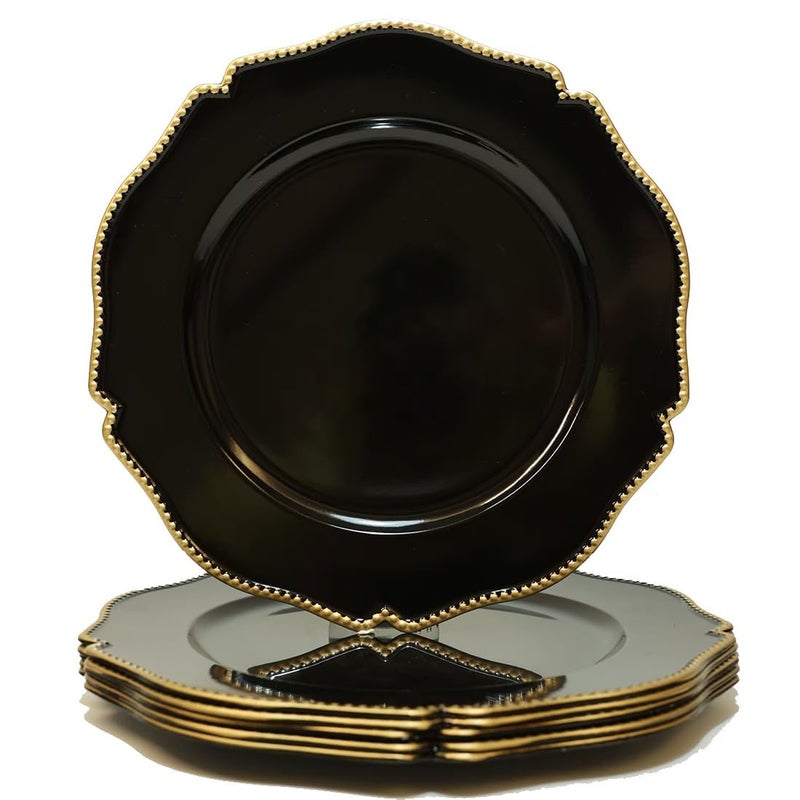 Umisriro Black scalloped charger plates with Gold beaded rim13 inch plastic dinner chargers for wedding and party table settings Glossy Finish set of 6