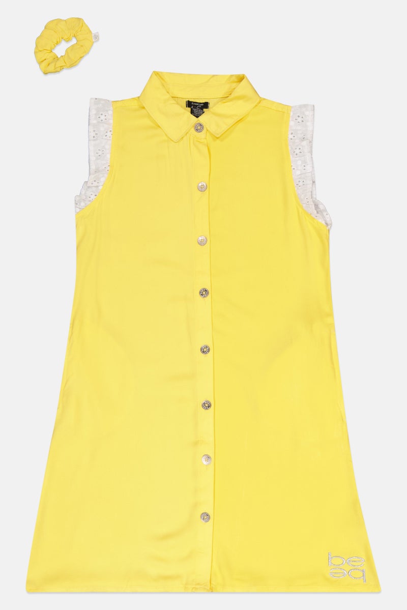 bebe Kids Girl Embroidered Logo Shirt Dress With Scrunchie, Yellow - Image 2