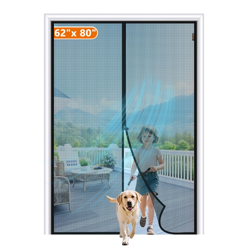MAGZO Magnetic Screen Door Fit Door Size 62 x 80 Inch, Screen Size 64" x 81" Heavy Duty Polyester French Door Curtain with Hook&Loop Full Frame-Black