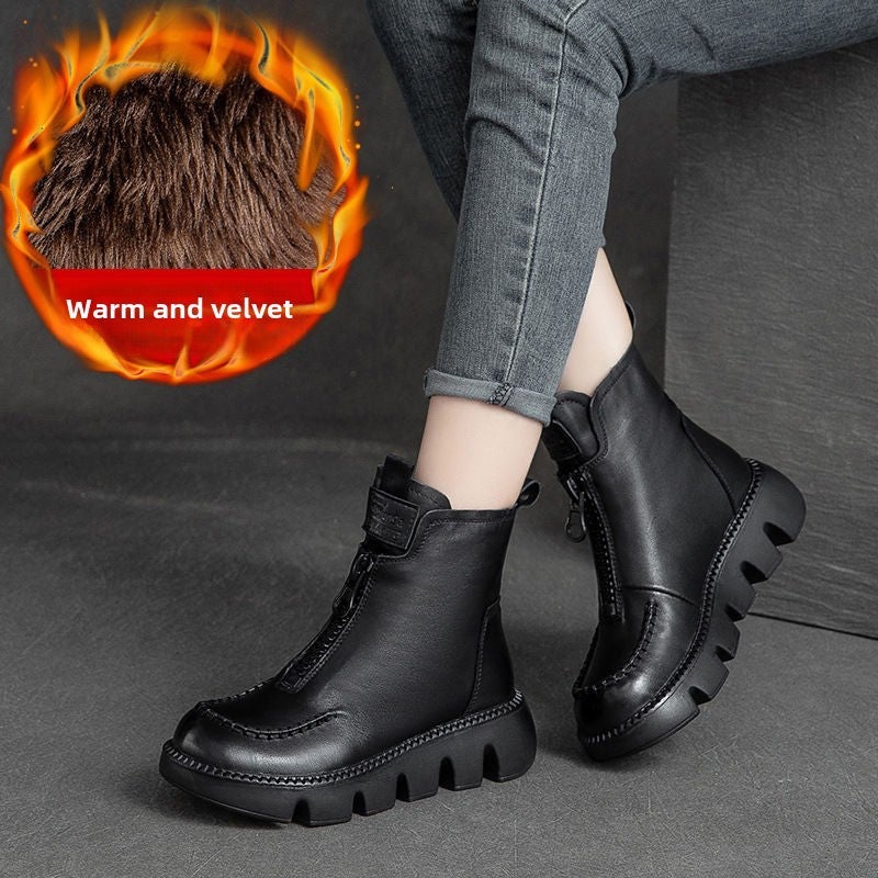 2023 Womens Thick-Soled Martin Boots, Retro Front-Zip Black fleece-lined