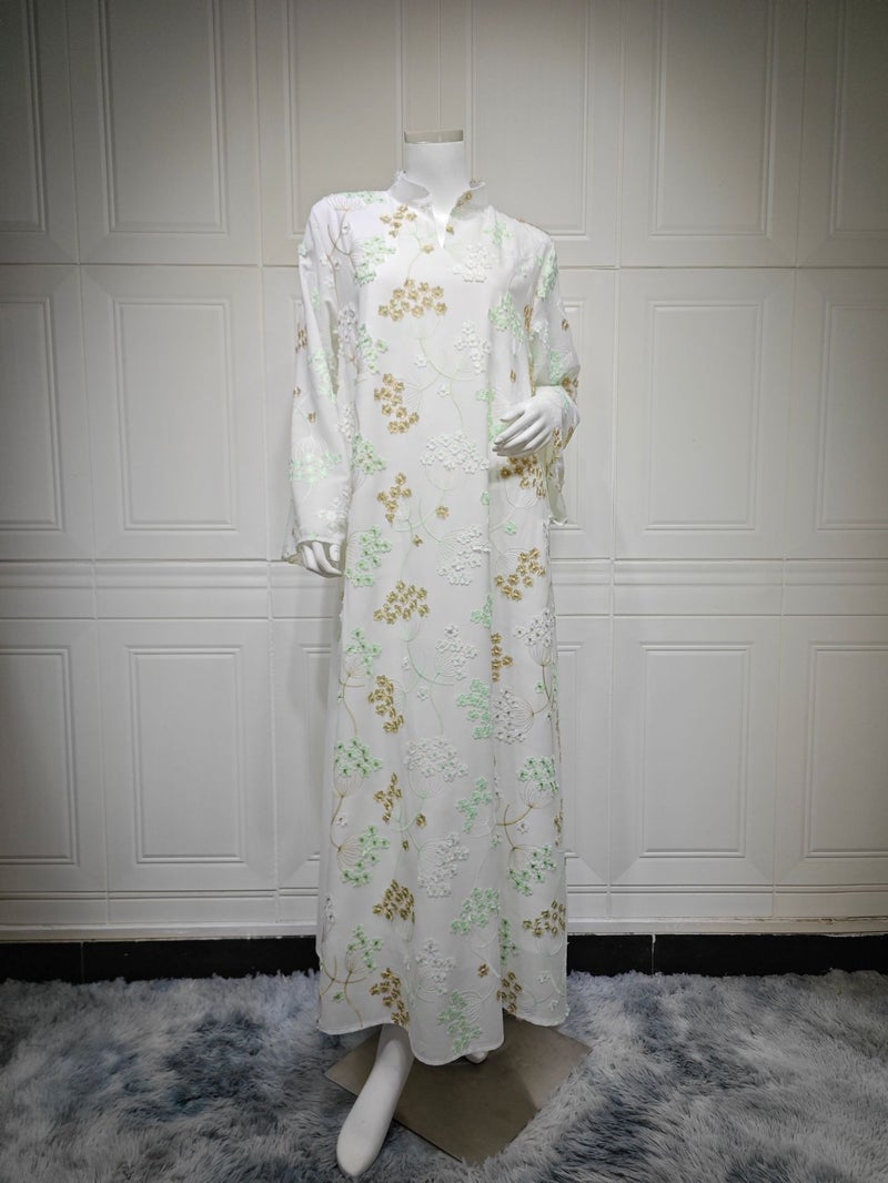 AB519 Embroidered V-Neck Long Dress for Women - Casual Home Wear, Spring Summer 2026 New Arrival