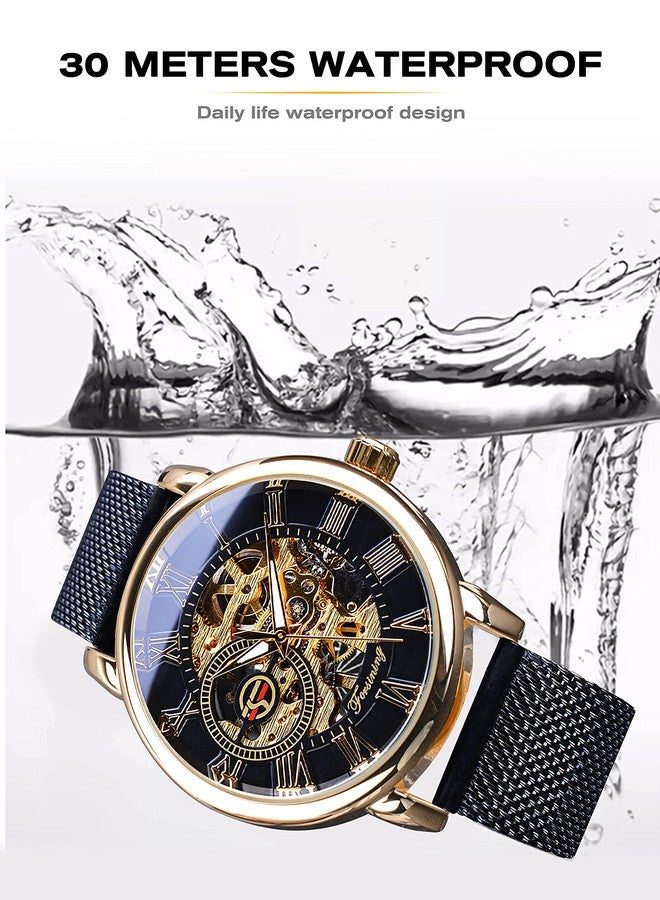 FORSINING Men's Skeleton Watch Steampunk Watch Black Mechanical Watch for Men Minimalist Retro Design Mechanical Skeleton Wrist Watch Transparent Business Mesh Band Watch, Golden-Black, Mechanical - Image 3