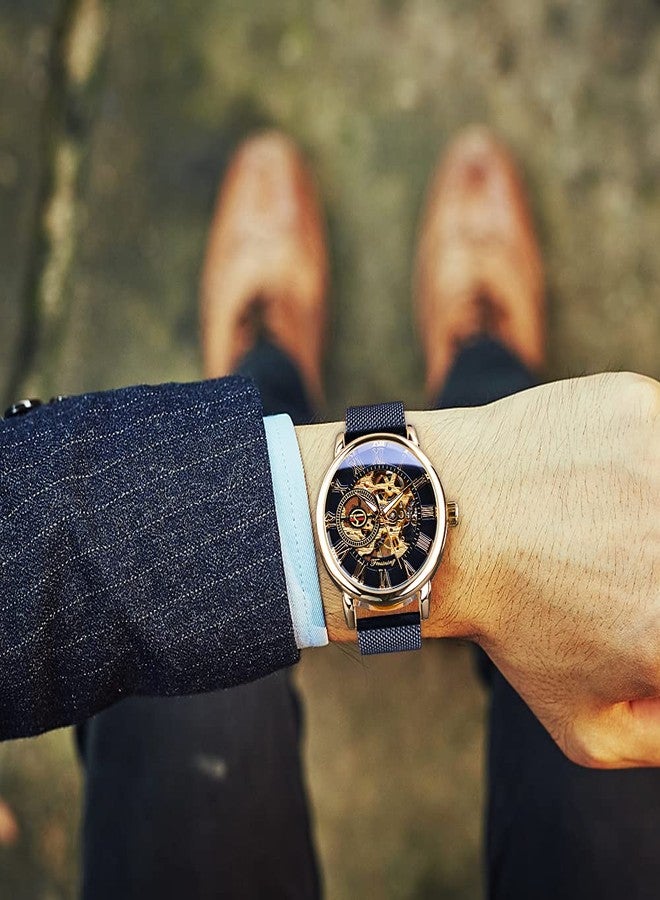 FORSINING Men's Skeleton Watch Steampunk Watch Black Mechanical Watch for Men Minimalist Retro Design Mechanical Skeleton Wrist Watch Transparent Business Mesh Band Watch, Golden-Black, Mechanical - Image 2
