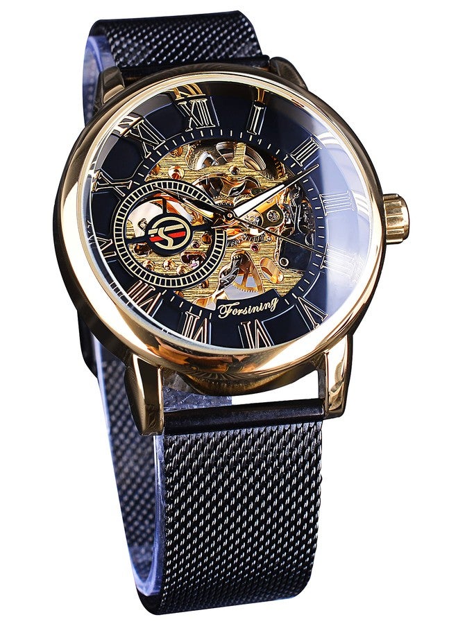 FORSINING Men's Skeleton Watch Steampunk Watch Black Mechanical Watch for Men Minimalist Retro Design Mechanical Skeleton Wrist Watch Transparent Business Mesh Band Watch, Golden-Black, Mechanical - Image 1