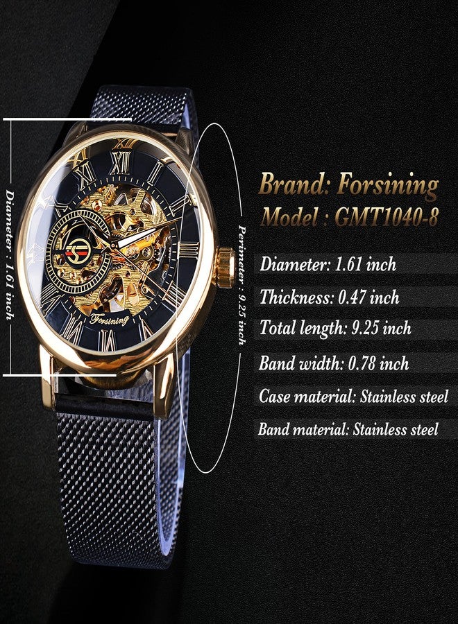 FORSINING Men's Skeleton Watch Steampunk Watch Black Mechanical Watch for Men Minimalist Retro Design Mechanical Skeleton Wrist Watch Transparent Business Mesh Band Watch, Golden-Black, Mechanical - Image 4