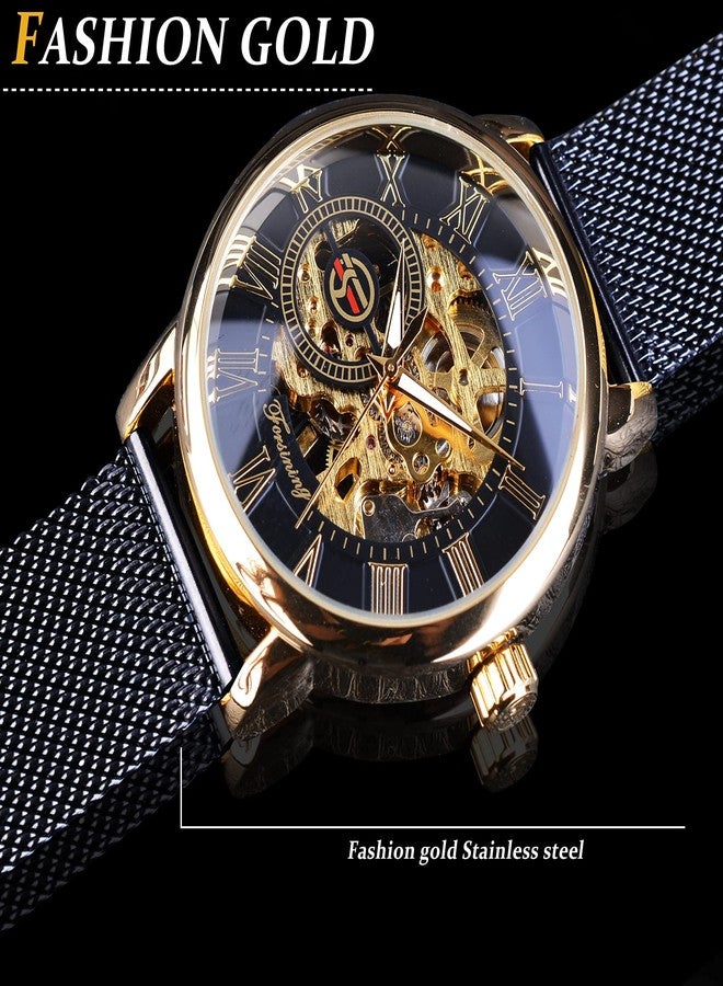 FORSINING Men's Skeleton Watch Steampunk Watch Black Mechanical Watch for Men Minimalist Retro Design Mechanical Skeleton Wrist Watch Transparent Business Mesh Band Watch, Golden-Black, Mechanical - Image 5