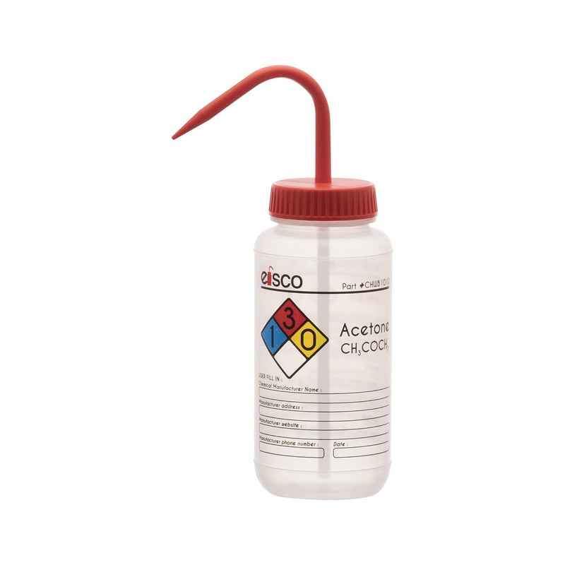 EISCO - 1 Pack Wash Bottle for Acetone, 500ml - Labeled with Color Coded Chemical & Safety Information - Wide Mouth, Self Venting, Low Density Polyethylene - Image 1