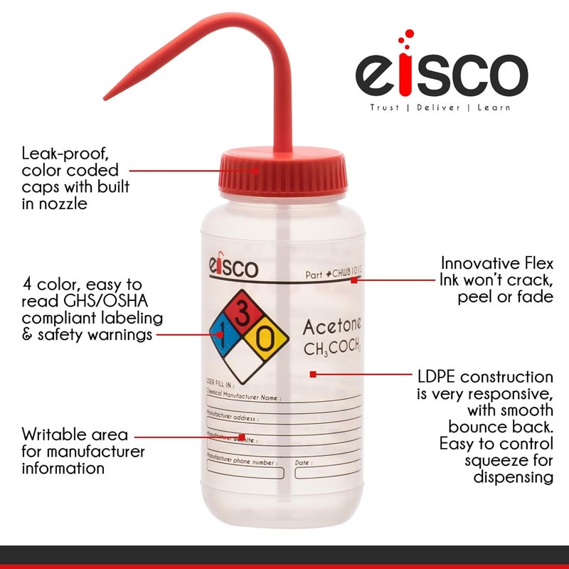 EISCO - 1 Pack Wash Bottle for Acetone, 500ml - Labeled with Color Coded Chemical & Safety Information - Wide Mouth, Self Venting, Low Density Polyethylene - Image 4