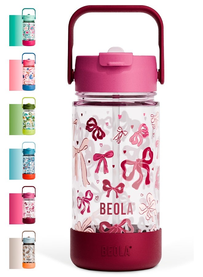 BEOLA 500ml Kids Water Bottle with Straw Lid and Silicone Protective Boot, Tritan Plastic, BPA BPS FREE Leak Proof and Drop Resistant Kids Water Bottles for School (Blush&Bows) - Image 1