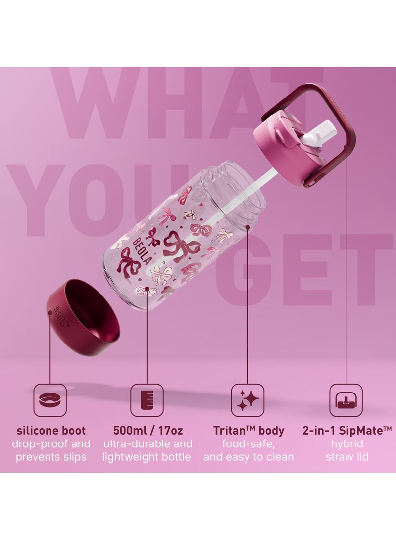BEOLA 500ml Kids Water Bottle with Straw Lid and Silicone Protective Boot, Tritan Plastic, BPA BPS FREE Leak Proof and Drop Resistant Kids Water Bottles for School (Blush&Bows) - Image 2