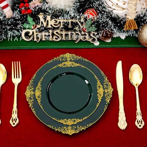 Joyido 102PCS Green and Gold Plates - Green Plastic Plate - Fancy Heavy Duty Disposable Plates - Heavyweight Disposable Dinner & Dessert Plate for 51 Guests for Party & Christmas - Image 5