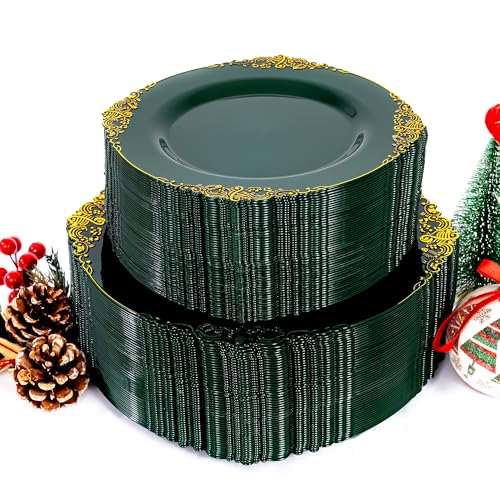 Joyido 102PCS Green and Gold Plates - Green Plastic Plate - Fancy Heavy Duty Disposable Plates - Heavyweight Disposable Dinner & Dessert Plate for 51 Guests for Party & Christmas - Image 1