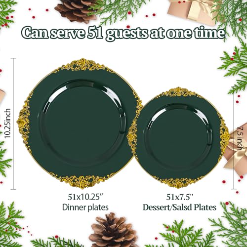 Joyido 102PCS Green and Gold Plates - Green Plastic Plate - Fancy Heavy Duty Disposable Plates - Heavyweight Disposable Dinner & Dessert Plate for 51 Guests for Party & Christmas - Image 2