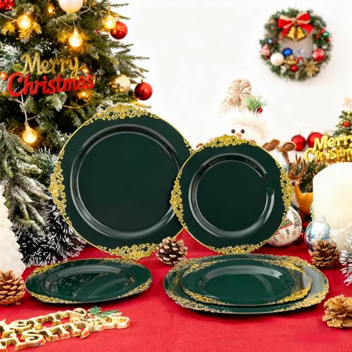 Joyido 102PCS Green and Gold Plates - Green Plastic Plate - Fancy Heavy Duty Disposable Plates - Heavyweight Disposable Dinner & Dessert Plate for 51 Guests for Party & Christmas - Image 4