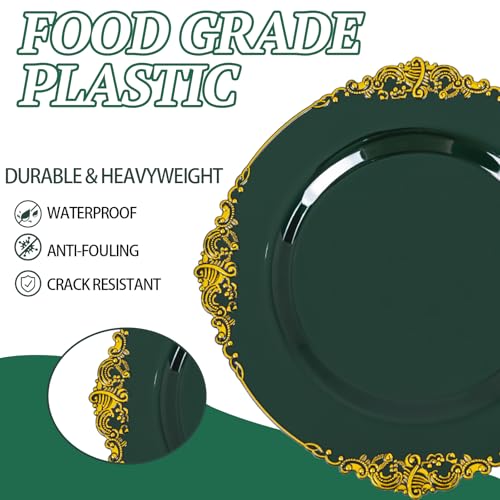 Joyido 102PCS Green and Gold Plates - Green Plastic Plate - Fancy Heavy Duty Disposable Plates - Heavyweight Disposable Dinner & Dessert Plate for 51 Guests for Party & Christmas - Image 3