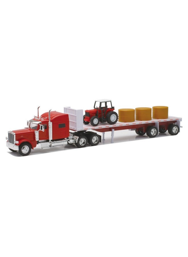 NewRay New-Ray Peterbilt 389 with Hay and Farm Tractor Playset 1/32 Scale Model Toy Vehicles, 10293A, Red 