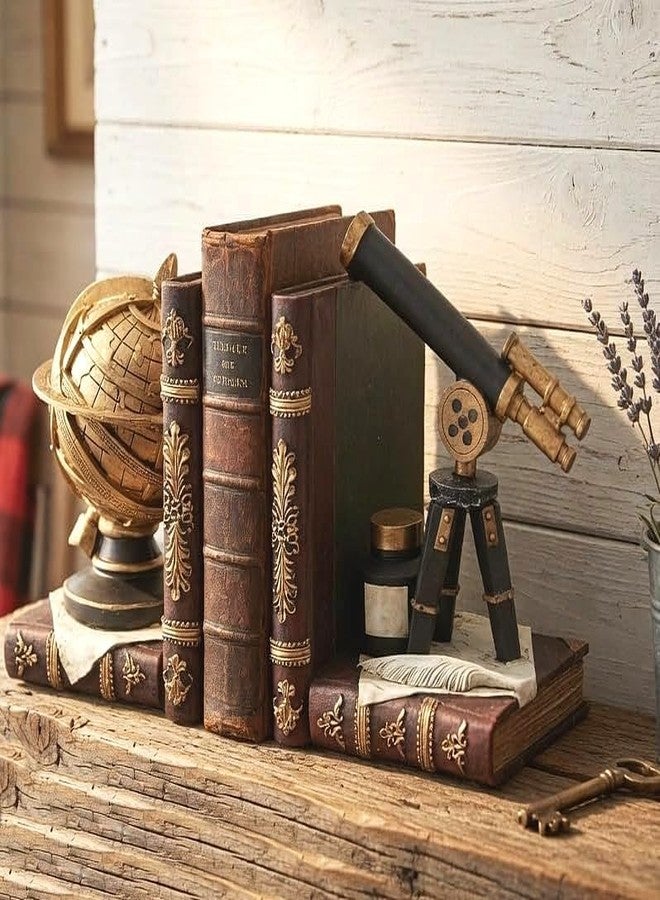 Bellaa Decorative Bookends Astronomy Vintage Retro Tellurion Galileo Sky Telescope Globe Armillary Sphere Non Skid Heavy-Duty Book Ends Shelves 26355 - Image 3