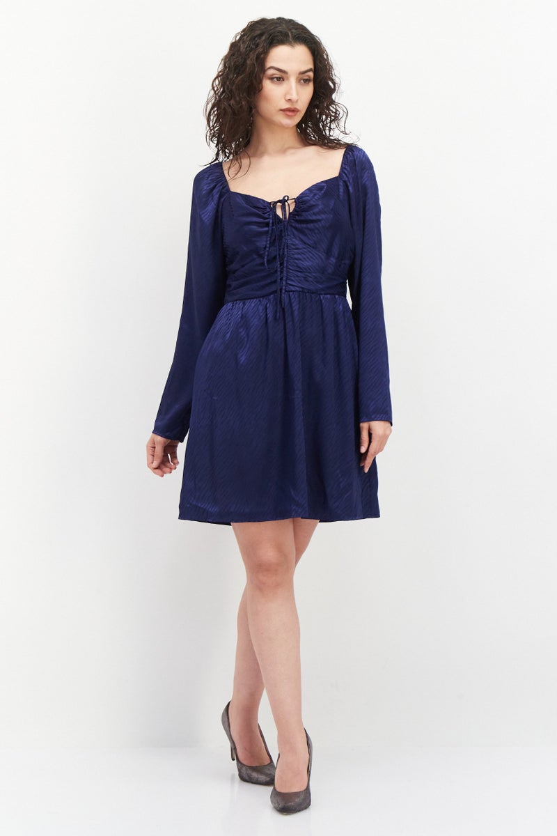 Aqua فستان كوكتيل نسائي برقبة مربعة مجعد، أزرق داكن - Image 3