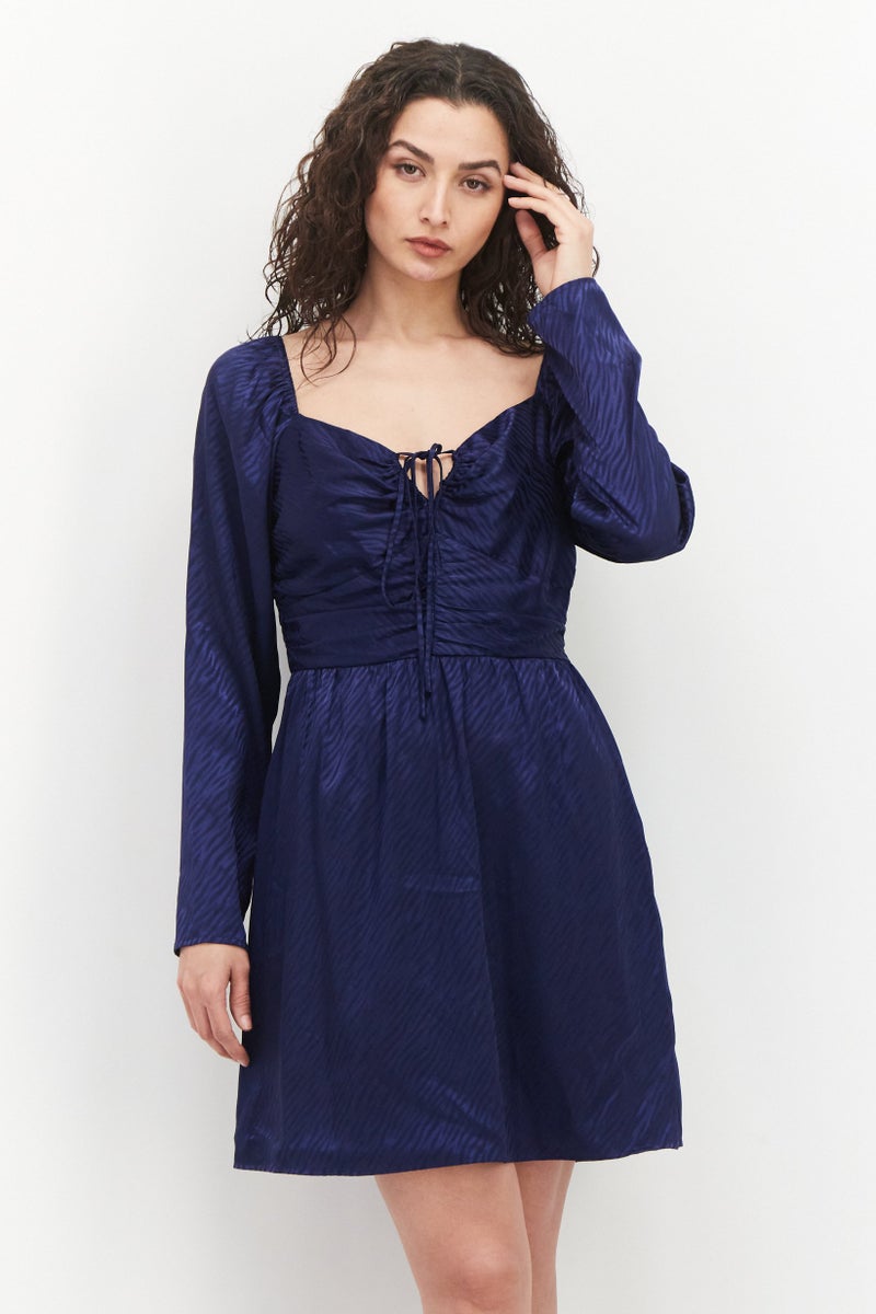 Aqua فستان كوكتيل نسائي برقبة مربعة مجعد، أزرق داكن - Image 1