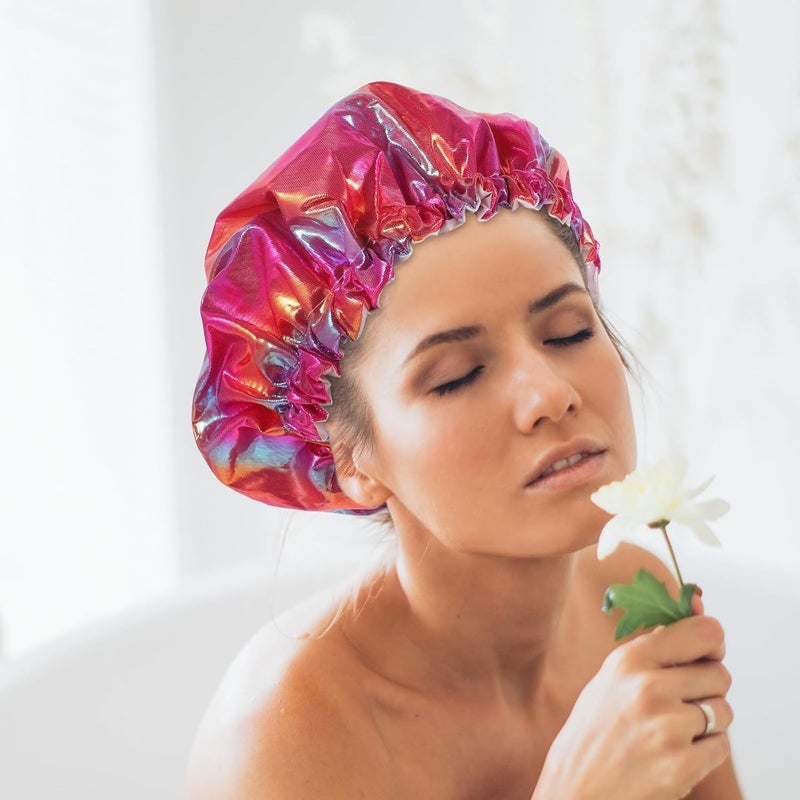 TIDTALEO Waterproof Double-layer Shower Cap for Women, Large Reusable Bathing Hair Cover with Rainbow Pattern, Suitable for Long Hair and Adult Bath Use - Image 5