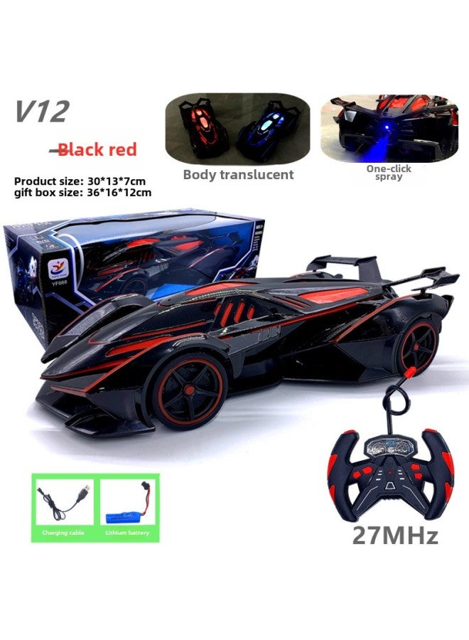 Loquat Large Toy Remote Control Car Spray Light Boy Rechargeable Car Toy Kids Racing Car Drift Sports Car Hot Sale-Color:V12/black And Red With Spray And Light-Scale:3 Sets Of Batteries - Image 1