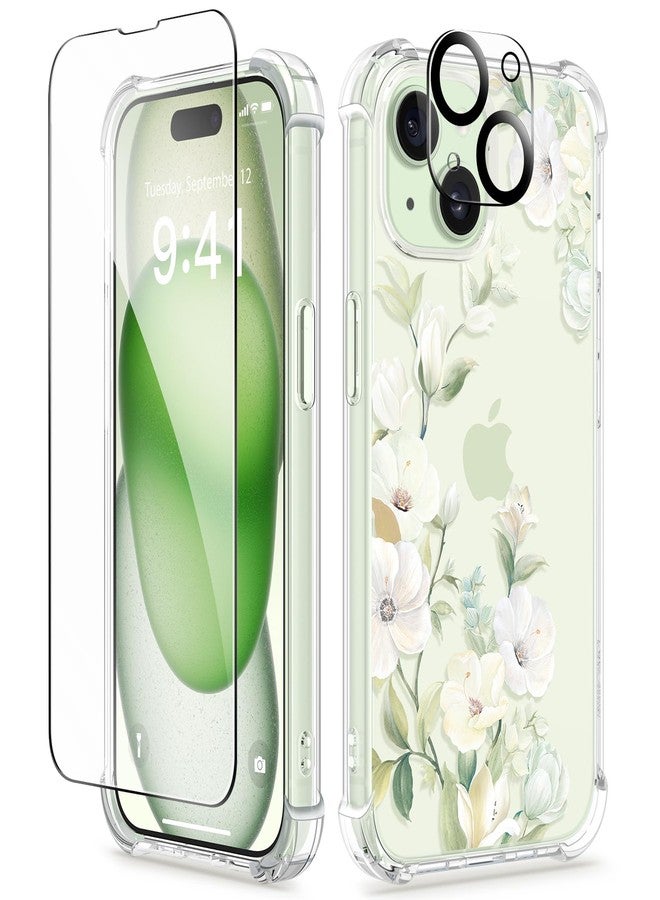 GVIEWIN Compatible with iPhone 15 Case 6.1" 2023, with Screen Protectors+Camera Lens Protectors, Non-yellow Flower Clear TPU Slim Bumper Shockproof Anti-Scratch Protective Cover, Hibiscus/Green - Image 1