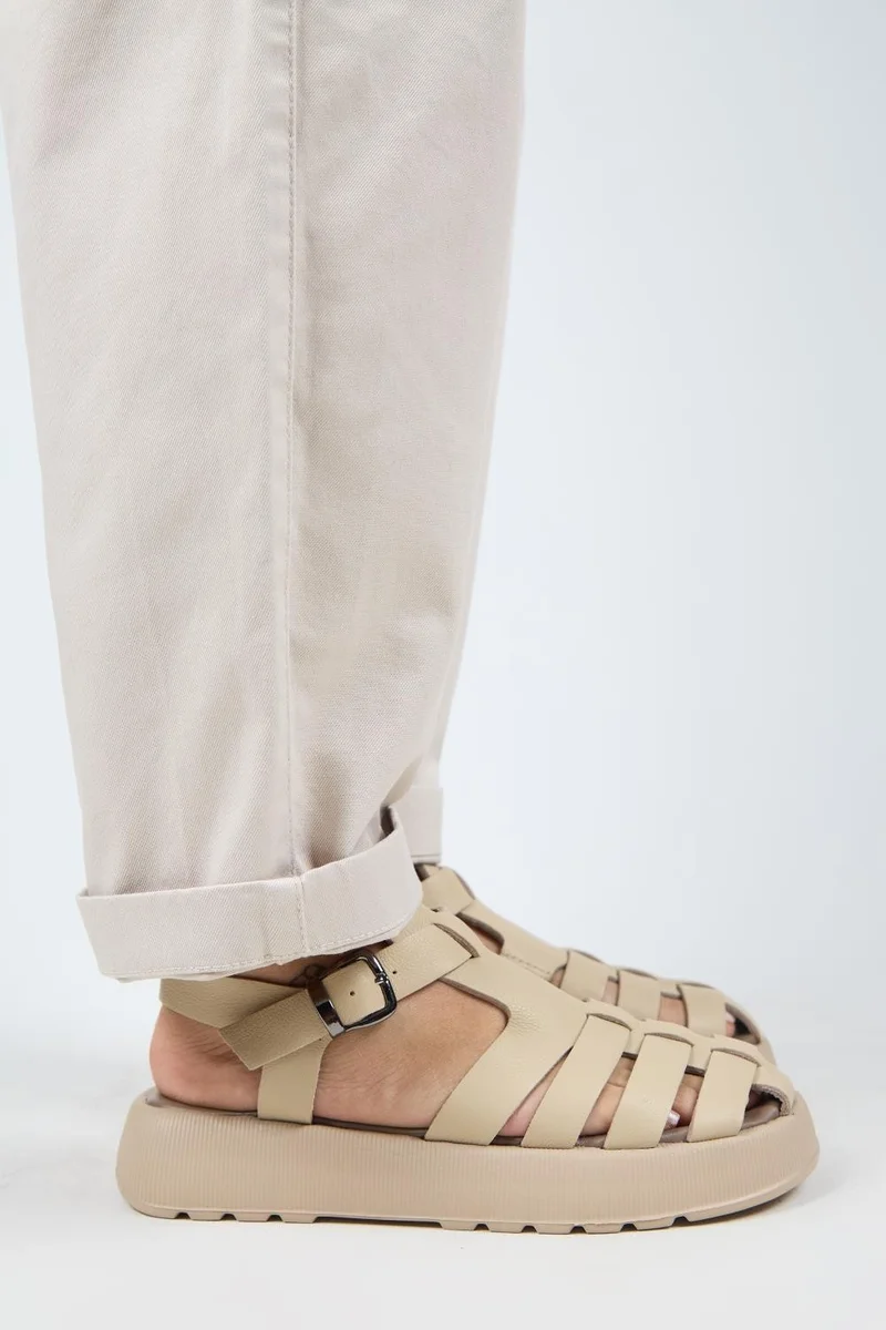 Manijero Manijero Rosa Women's Genuine Leather Cage Buckle Beige Leather Sandals