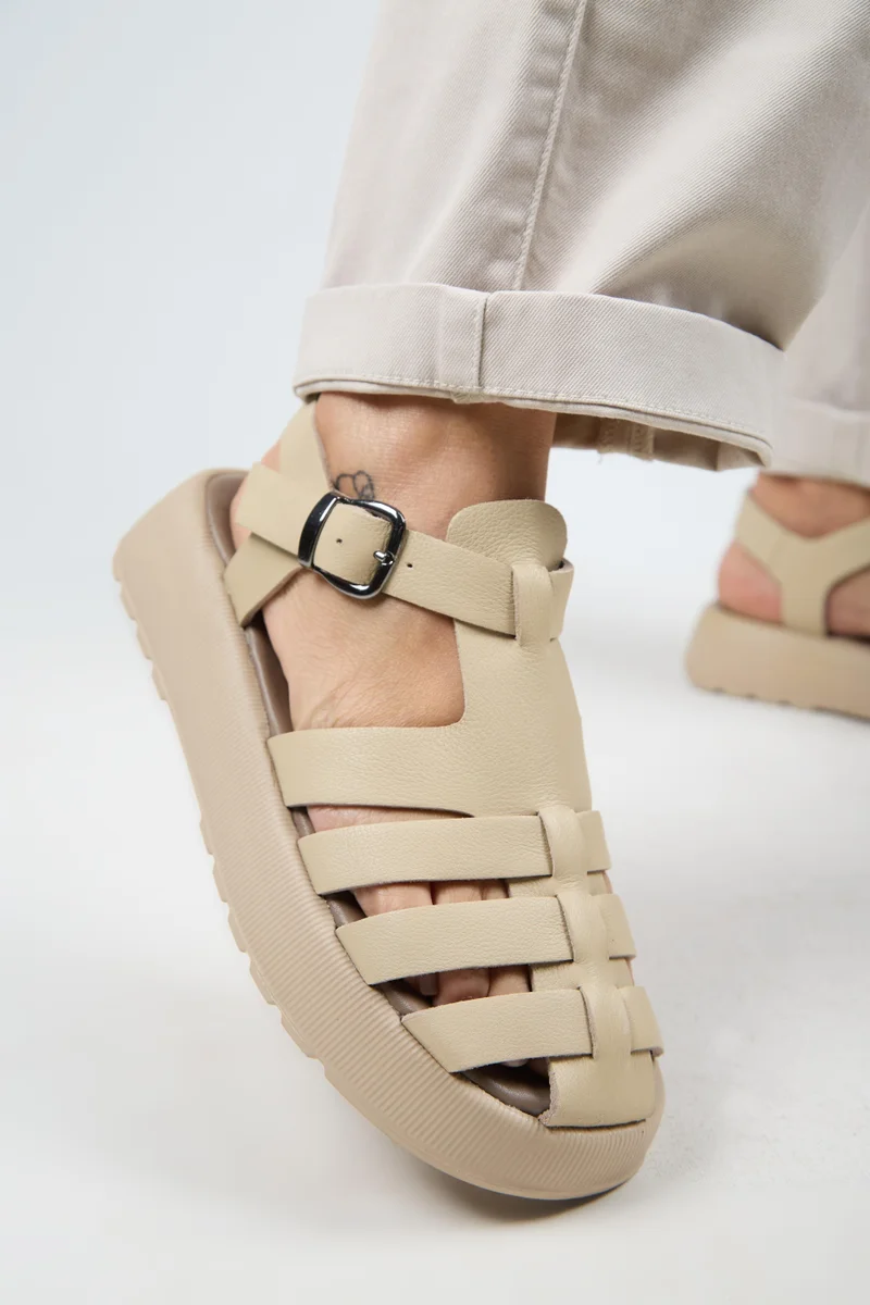 Manijero Manijero Rosa Women's Genuine Leather Cage Buckle Beige Leather Sandals