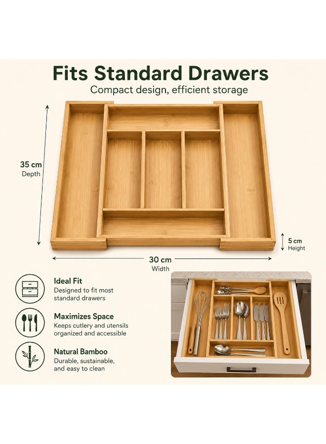 Expandable Bamboo Cutlery Drawer Organizer – 5 to 7 Section Silverware Tray, Wooden Utensil Organizer for Spoons, Forks & Knives, Adjustable Kitchen Drawer Storage - Image 1